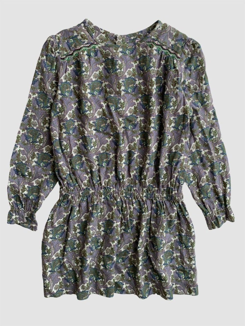 Bonpoint Collaboration with liberty Olive Green and Lavender Floral Smock Dress